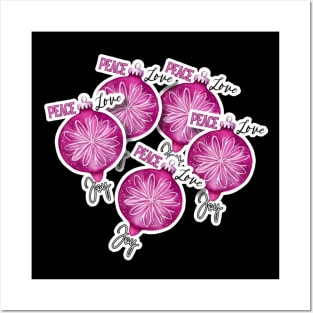 Holiday Baubles in Fushia with Peace Love and Joy Posters and Art